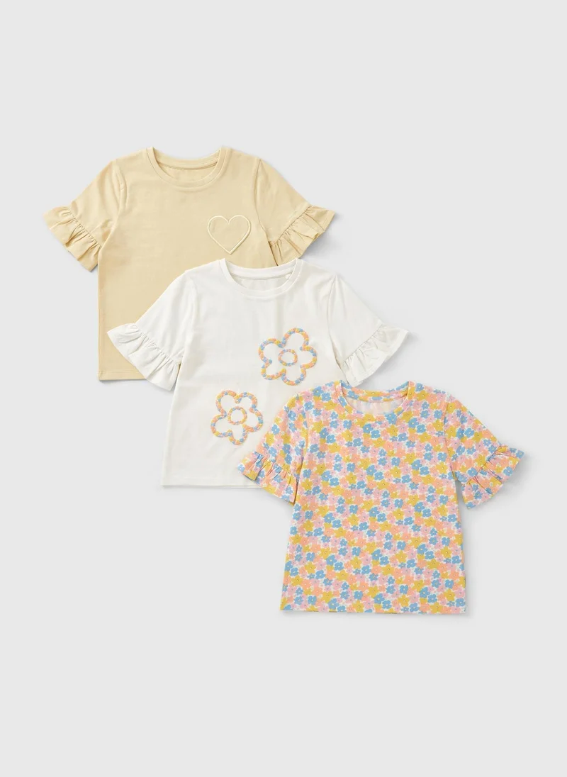 ماتلان 3 Pack Girls Multicolour Floral Frill T-Shirts